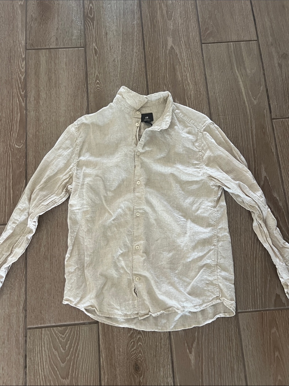 H&M Men's Light Beige Long-Sleeve Button-Down Shirt